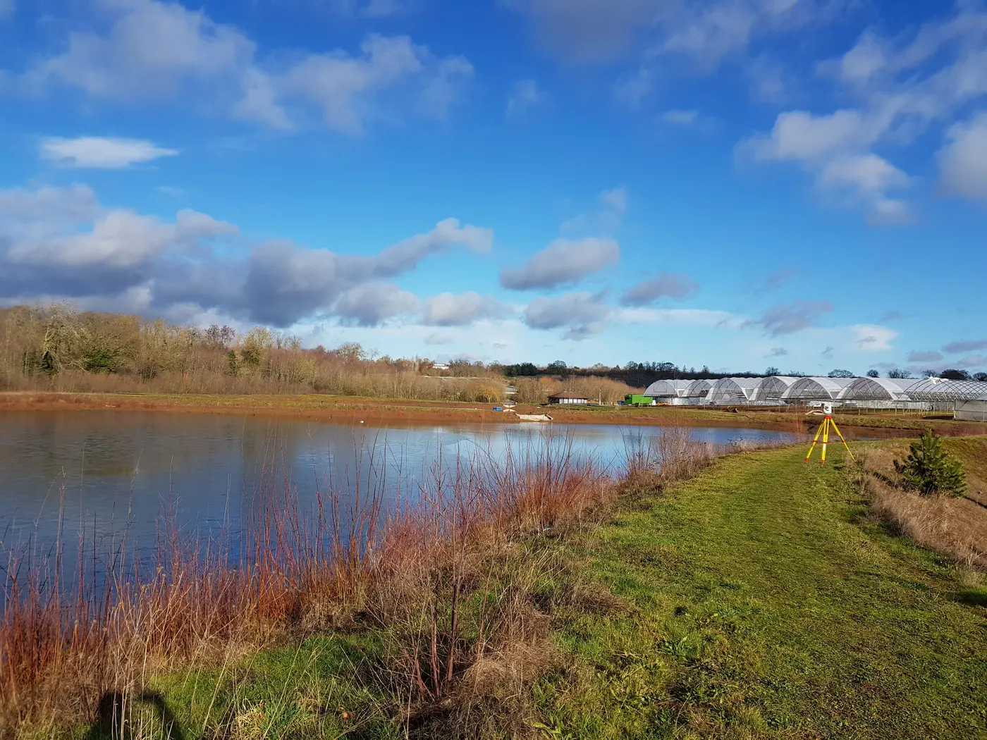 Survey tripod on a grass bank beside a lake, with polytunnels and woodland beyond